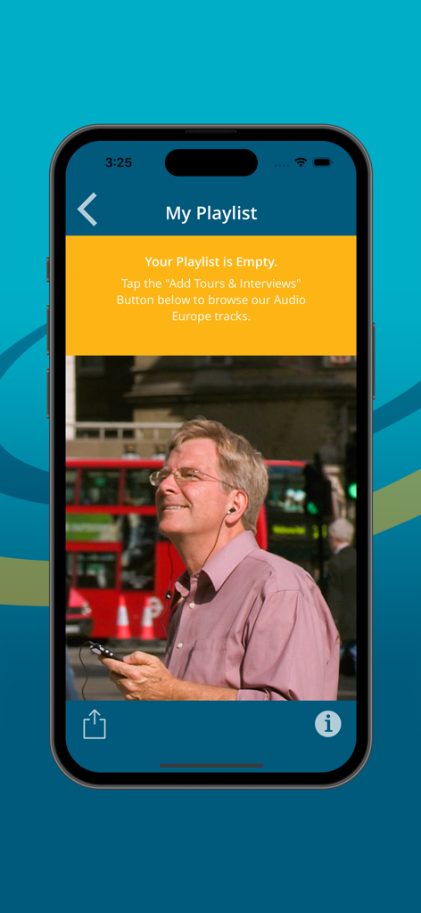 Rick Steves Audio Europe app empty playlist interface showing Rick Steves wearing headphones