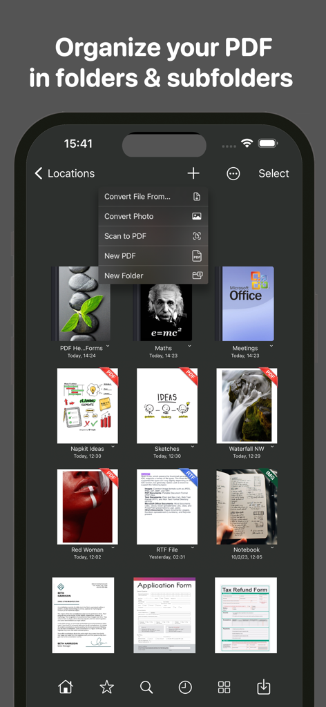 Interfaz de la aplicación FreePDF mostrando la organización de documentos en carpetas y subcarpetas en un iPhone.