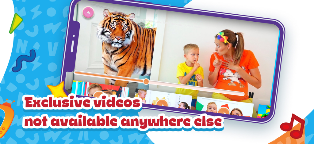 Vlad & Niki - games & videos - A smartphone screen displaying an exclusive video from the Vlad and Niki app featuring a tiger and characters.