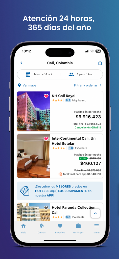 TiquetesBaratos - TiquetesBaratos app hotel search results for Cali Colombia showing discounted rates and free cancellation