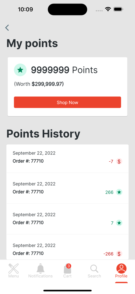 Eat Clean Chicago - User profile screen showing loyalty points balance and transaction history in the Eat Clean Chicago app