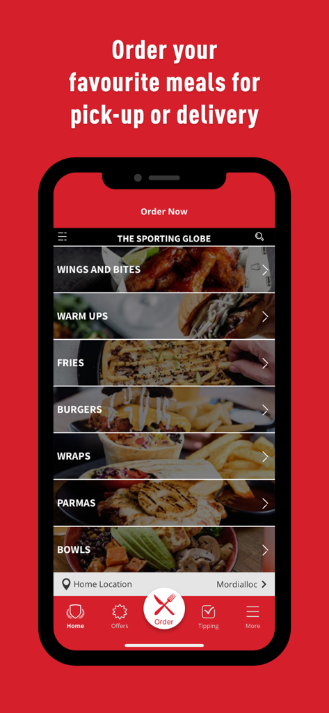 Sporting Globe - Sporting Globe app screen displaying food menu categories for online ordering and delivery