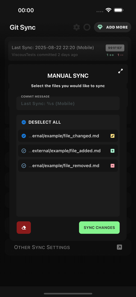 GitSync - GitSync interface showing manual synchronization options with a list of modified markdown files and a commit message field