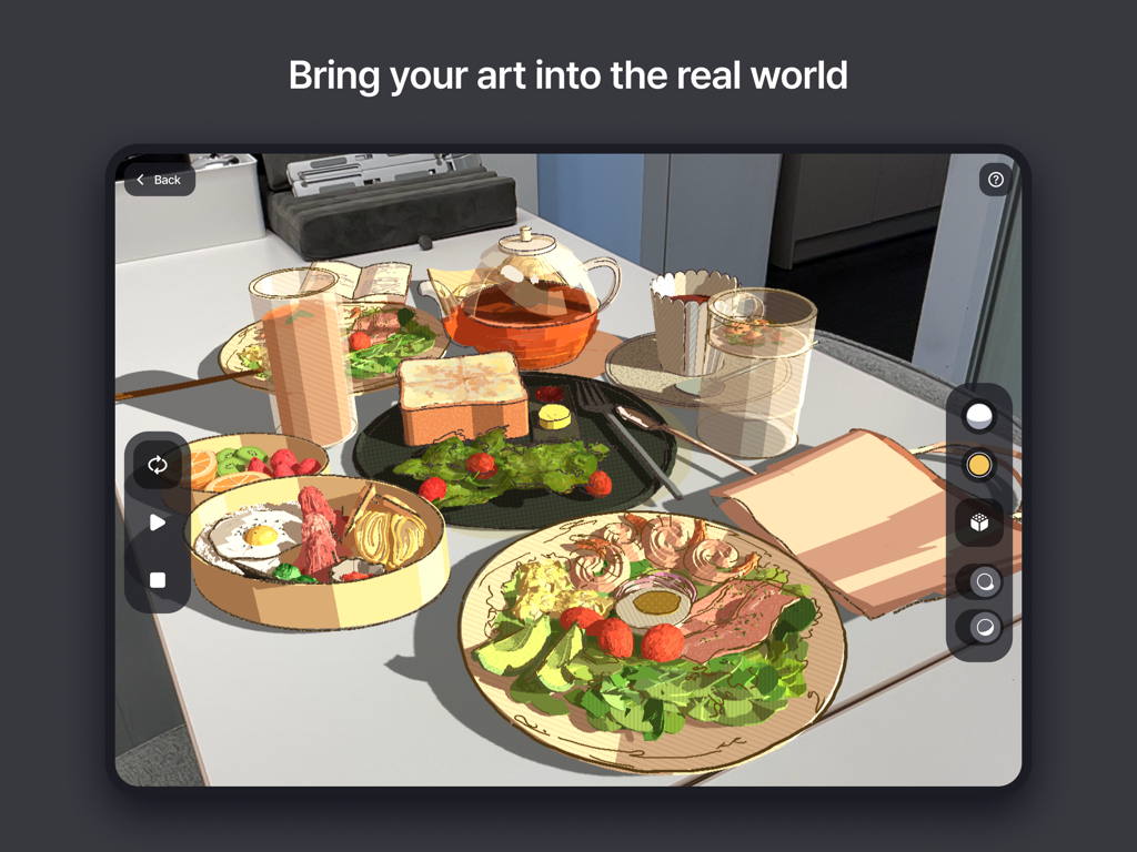 A 3D drawn breakfast scene displayed in augmented reality on a table using the Feather app on iPad.