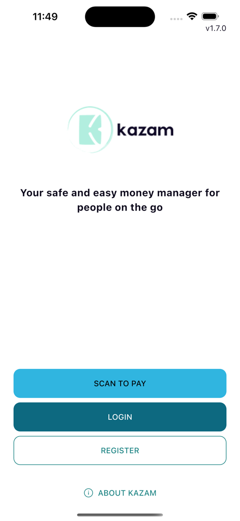 kazam - Pantalla de bienvenida de la aplicación Kazam con botones de escaneo para pagar, iniciar sesión y registrarse