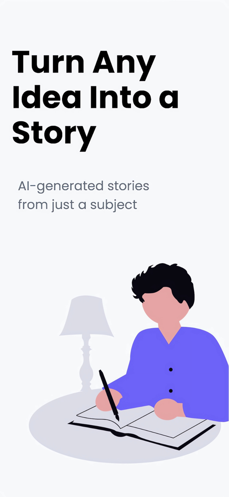 Story Generator - StoryMaker - An illustration of a person writing at a desk with text describing turning ideas into AI stories