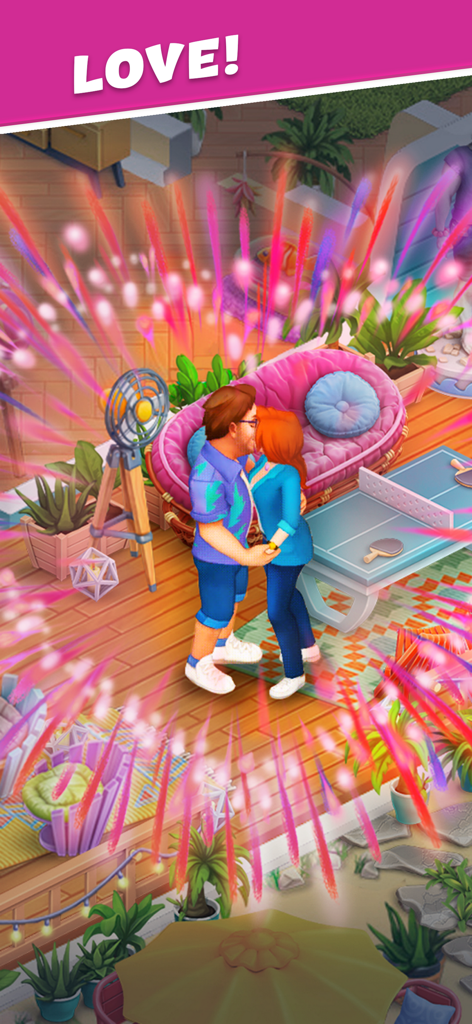 Dos personajes compartiendo un beso romántico en un interior de mansión decorado con efectos de fuegos artificiales festivos