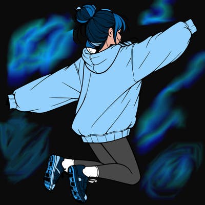 realistic girl jumping with a bun and oversized sweatshirt