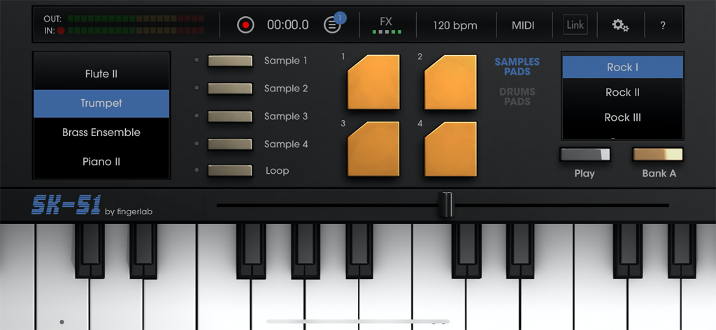 SK-51 - Interface of SK-51 music app showing retro instrument selection drum pads and piano keys