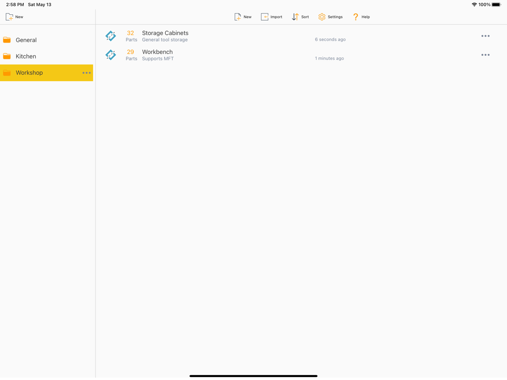 The Offcuts app dashboard on an iPad showing woodworking projects like storage cabinets and a workbench organized into folders