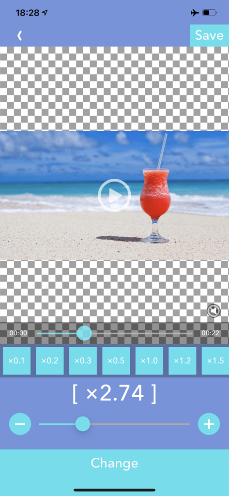 Interfaccia mobile dell'app VBooster che mostra strumenti precisi di regolazione della velocità video e un'anteprima di un video di spiaggia.