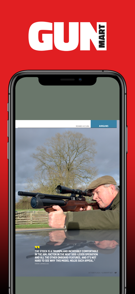 GunMart Magazine - A page from the GunMart Magazine app featuring an airgun review and a marksman with a rifle.