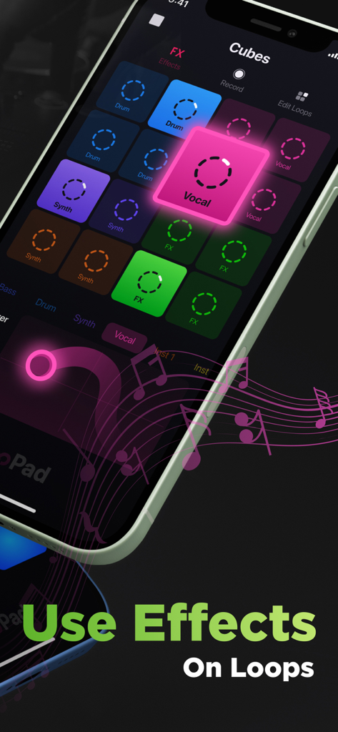LooPad - Music & Beat Maker - Smartphone screen showing the LooPad app interface with colorful pads for drums vocals and synths