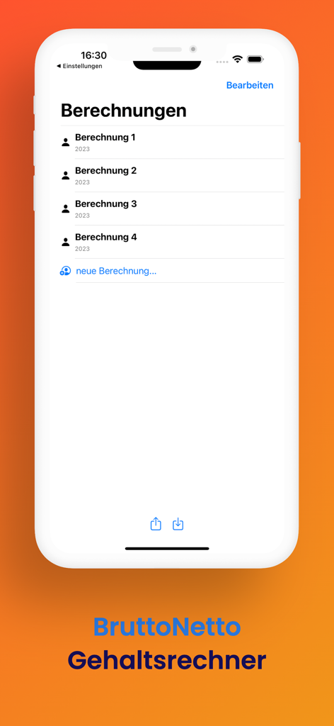 BruttoNetto - Una lista de cálculos salariales guardados dentro de la aplicación calculadora de salarios de Austria BruttoNetto