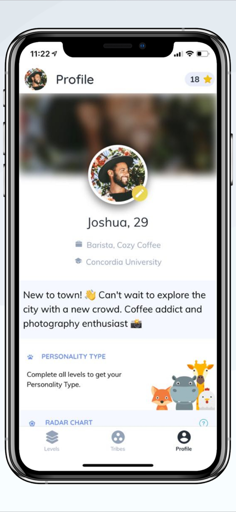 We3: Meet New People in Groups - The user profile screen in the We3 app showing bio and personality type progress.