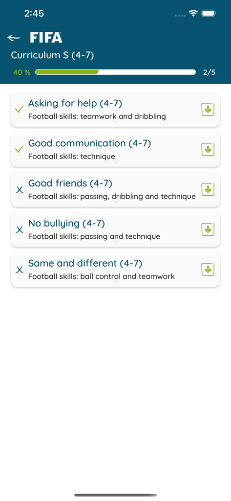 FIFA Football for Schools - Curriculum page of FIFA Football for Schools app displaying lessons for children aged 4 to 7 combining social and football skills.