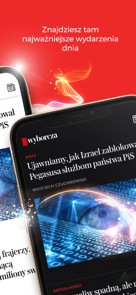 WYBORCZA: fakty, newsy, opinie - ダークモードのインターフェースとポーランド語の見出しが表示されたWyborczaニュースアプリを示すスマートフォンの画面