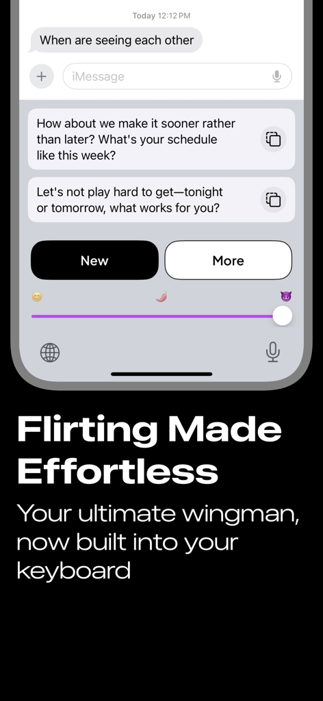 Pick up lines - TextWise - A mobile screen showing the TextWise AI keyboard providing multiple flirty response options for a dating chat.