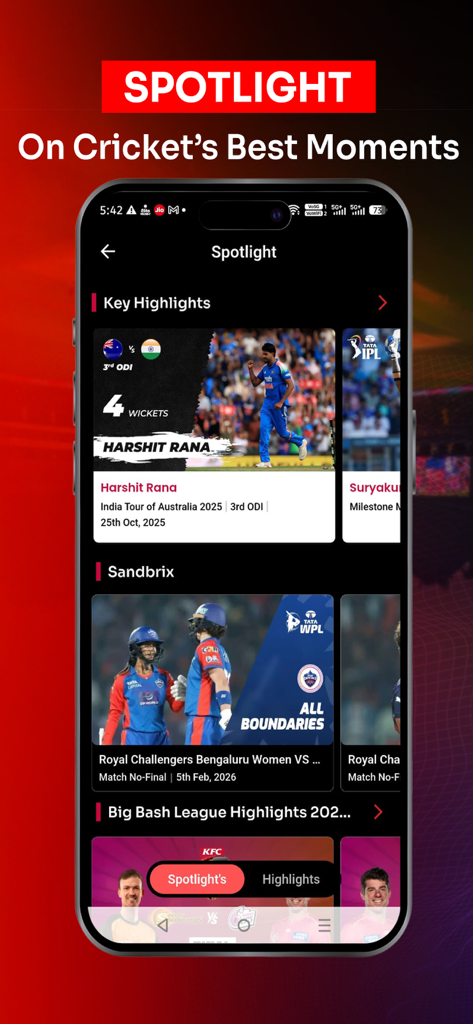 Sandbrix - Sandbrix app spotlight screen displaying cricket match highlights and key player moments