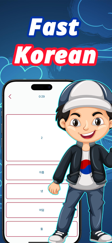 Numbers in Korean language - Tela de um aplicativo móvel para aprender números coreanos com uma interface de quiz e um personagem de desenho animado