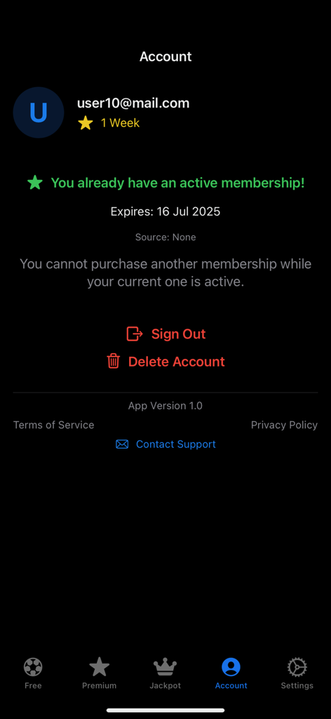 Soccer Platform app account management screen with active membership status