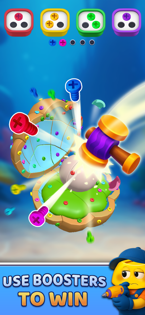 Screw Out Factory: Puzzle 3D - Un puzzle 3D colpito da un booster martello in Screw Out Factory con il testo 'Use Boosters to Win' (Usa potenziamenti per vincere)