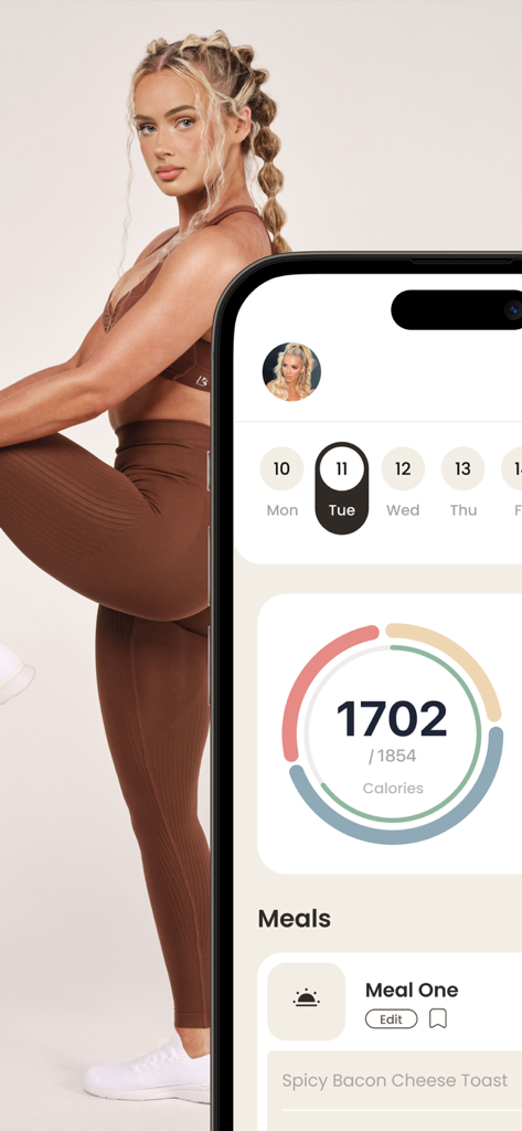 Grounds: Fitness App For Women - Interface of the Grounds fitness app showing calorie tracking and meal planning alongside a woman in athletic wear.