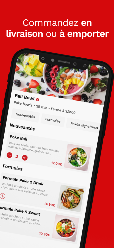 Frères Toque - Un écran de smartphone affichant l'application de livraison de repas Frères Toque avec le menu d'un restaurant de poke bowl.