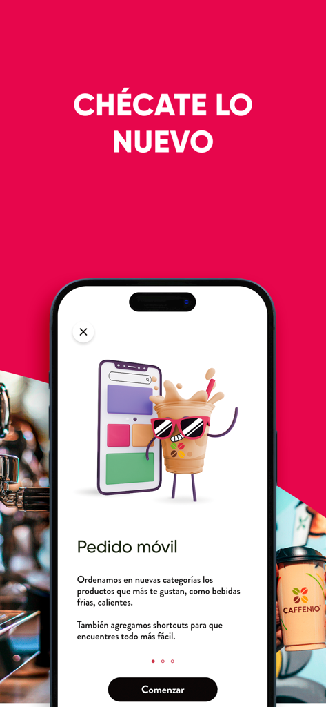 Tela de integração do aplicativo Caffenio mostrando recursos de pedidos móveis com um personagem de café.