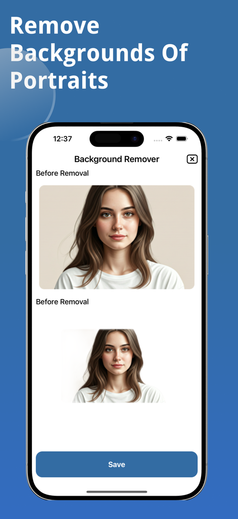 Interface of Printmate app showing the background removal feature for portrait photos