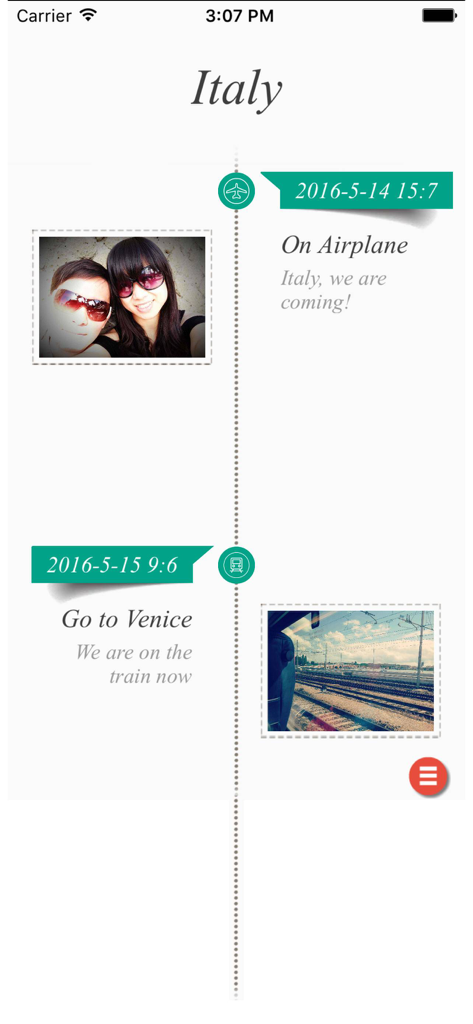 A visual timeline of a trip to Italy showing photos and travel details
