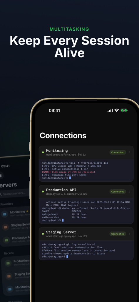 Terminal - SSH Client - Terminal SSH client app interface showing multiple active server connections on iPhone for multitasking