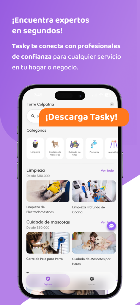 Tasky - Servicios en un clic - Pantalla de inicio de la aplicación Tasky que muestra categorías de servicios profesionales para el hogar en español.