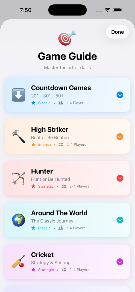 카운트다운, 하이 스트라이커, 헌터, 월드 어라운드, 크리켓을 포함한 다양한 다트 게임 모드를 보여주는 다트 게임 앱의 게임 가이드 화면.