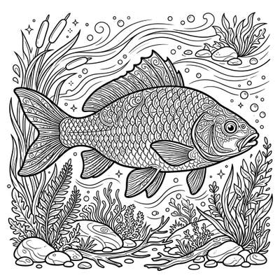 Explore the depths of creativity with this stunning River Fish coloring page. Featuring an elaborately detailed fish amidst a rich underwater environment, it offers a truly immersive coloring experience.