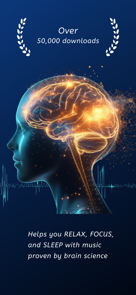 VIE Tunes - Focus,Sleep,Relax - Grafica promozionale dell'app VIE Tunes che mostra un cervello luminoso e i benefici per concentrazione e sonno