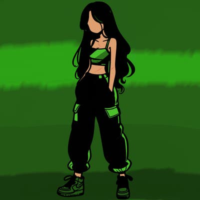 girl in baggy pants crop top and long hair