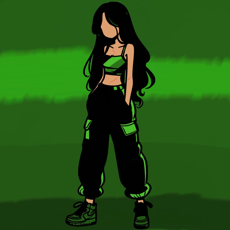 girl in baggy pants crop top and long hair