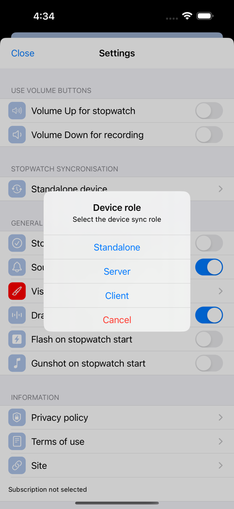 Selección del rol del dispositivo en la configuración de la app Photo finish