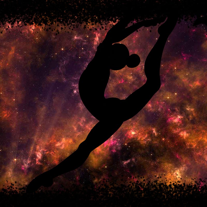 gymnast doing a leap in a leotard with a bent back leg
