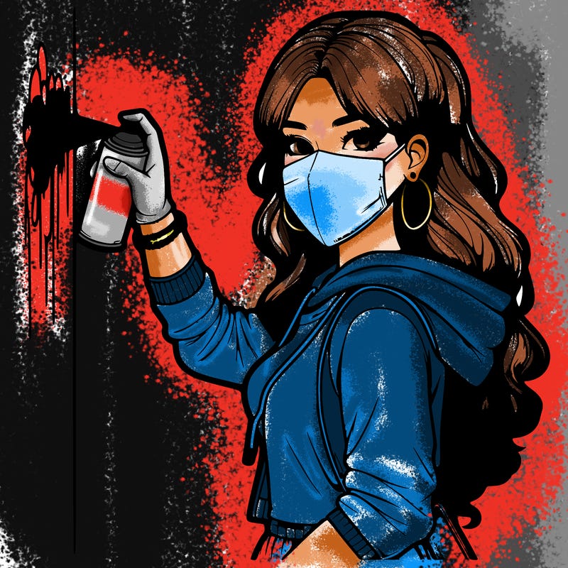 realistic girl with mask spray painting a wall