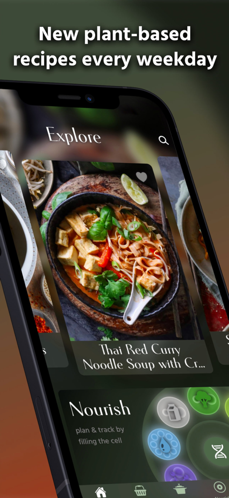 Mobile Bildschirm der Pick Up Limes App, der pflanzliche Rezepte und Ernährungs-Tracking-Funktionen anzeigt