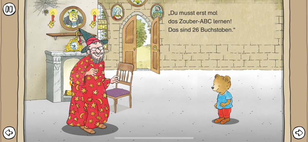 Lesestart zum Lesenlernen - An illustrated scene from the Lesestart app showing a wizard in a red robe talking to a bear about learning the magic alphabet.