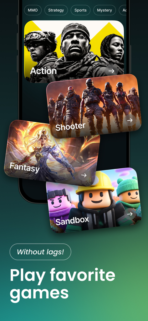 Guru VPN interface showcasing lag free mobile gaming across multiple genres like action shooter and fantasy