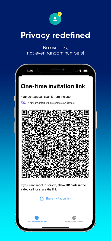 SimpleX Chat app screen showing a one time invitation QR code for secure and private messaging without user IDs