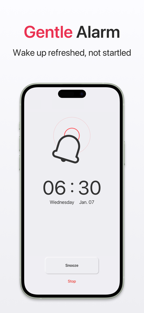 상쾌하게 깨어나기 위한 Today Clock 앱의 부드러운 알람 인터페이스를 보여주는 미적인 아이폰 화면