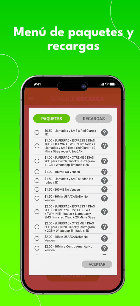 Mobile app screen displaying a list of prepaid mobile data and calling packages for resale