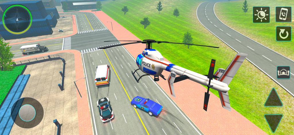 Police Duty Cop Simulator Game - Aerial view of a police helicopter and patrol cars on a city road