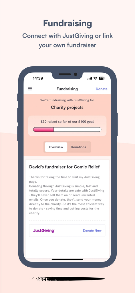 Big Team Challenge - Fundraising page in the Big Team Challenge app showing progress toward a charity goal and JustGiving integration