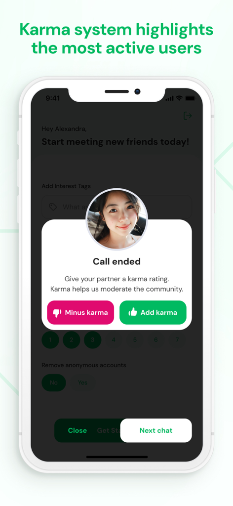 Emerald Chat app screen showing the karma rating system with buttons to add or minus karma after a call
